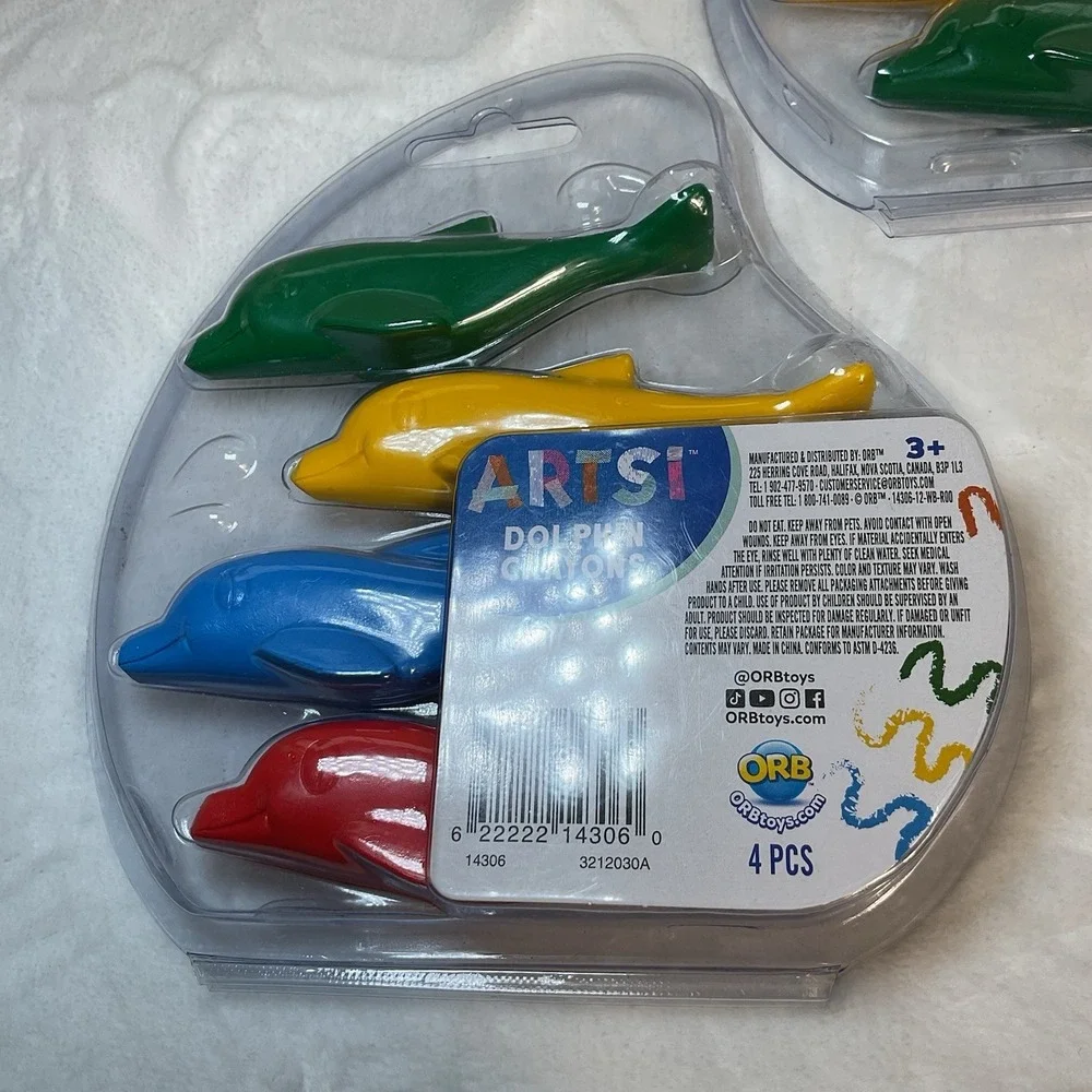 NEW LOT OF 3 Artsi Dolphin shape Crayons set 4 pc Red, Yellow, Blue, Green *